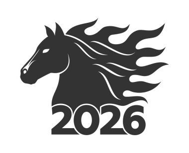 Black side silhouette of a horse head with a fiery mane and number 2026 on a white background. Vector illustration