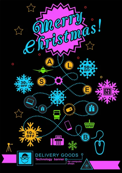 Pathway in the shape of christmas tree. Bright neon christmas logistics icons on the black background. Technology background. Icon of Santa Clause