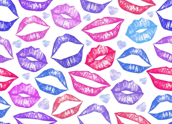 Pink watercolor lips seamless pattern Hand made illustration. Half-open lips. Cool shades