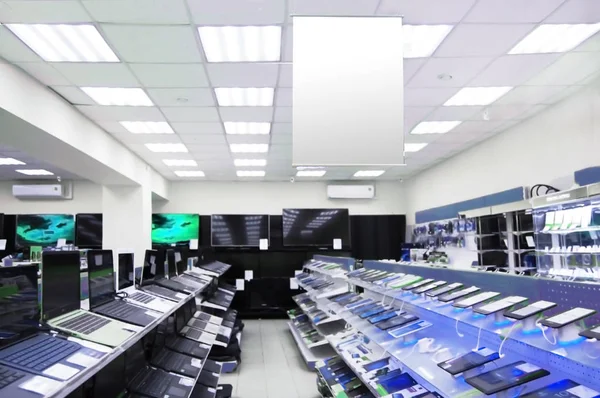 Computer store. Template white banner in small shopping room
