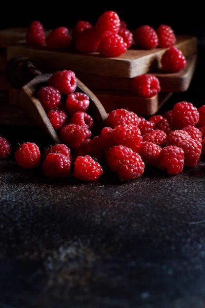 Čerstvé Maliny Tmavém Pozadí Zblízka — Stock fotografie