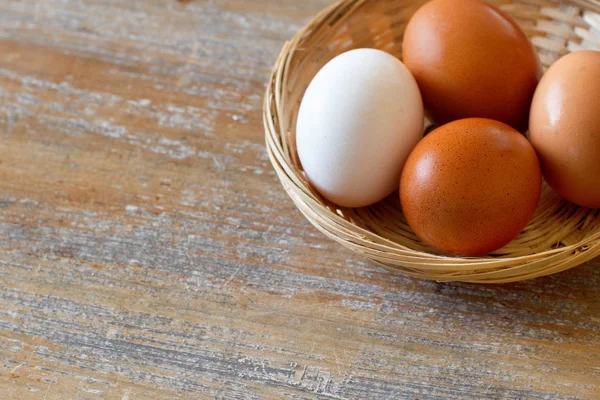 Chicken Eggs Basket Wooden Table Close — Stock Photo, Image