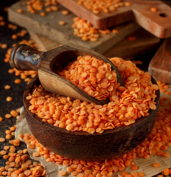 Red Lentils Bowl Spoon Close — Stock Photo, Image