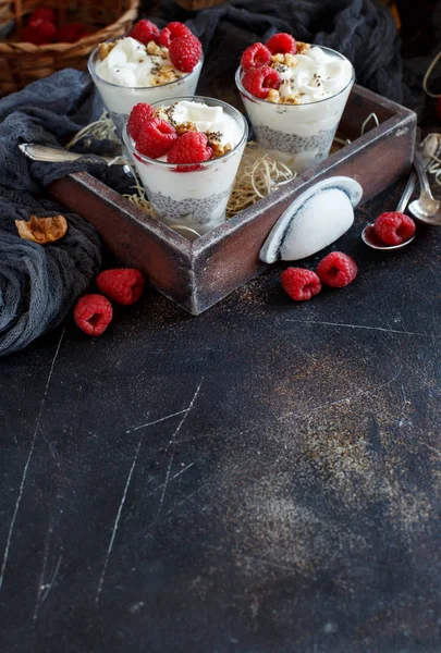 Pudding Chia Aux Framboises Yaourts Parfait Dans Verre Close — Photo