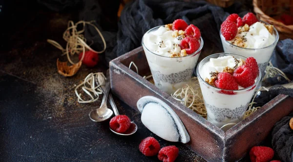 Maliny Jogurt Chia Pudink Parfait Sklenici Zblízka — Stock fotografie