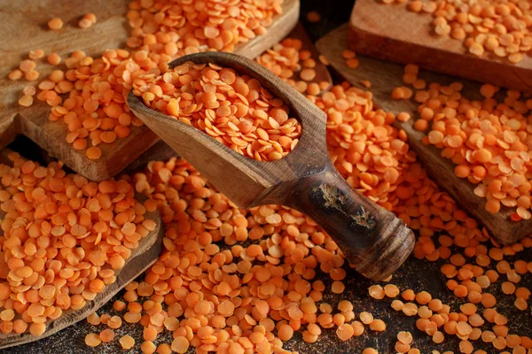 Red Lentils Wooden Spoon Close — Stock Photo, Image