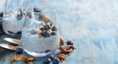 Yaban mersini ve yoğurt chia puding parfait bir cam kapat