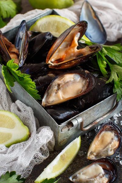 Fresh Uncooked Italian Mussels Lime Parsley — Stock Photo, Image