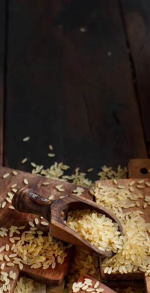 Arroz Cocido Con Una Cuchara Madera Cerca — Foto de Stock