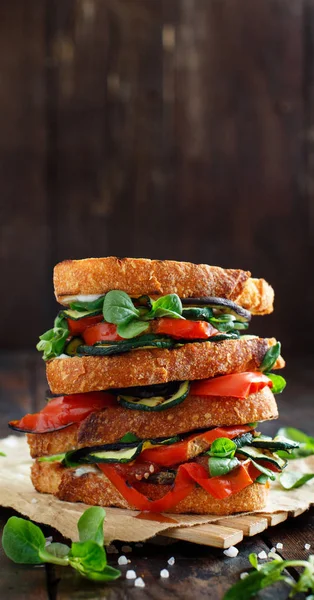 Vegetarian Sandwich Fresh Cheese Grilled Tomatoes Eggplants Zucchini — Stock Photo, Image