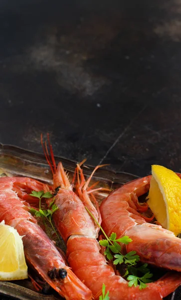 Raw Red Shrimps Lemon Dark Background Stock Image