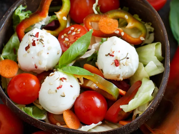 Gemischter Salat Mit Mozzarella Kokosnussschalen Aus Nächster Nähe — Stockfoto