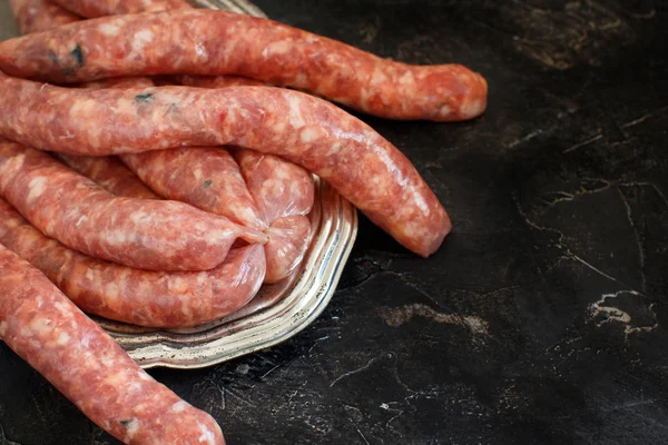 Raw Sausages Metal Tray Close — Stock Photo, Image