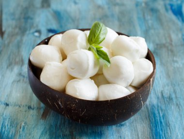 İtalyan peynir mozzarella peyniri Fesleğenli bir kasede yakın çekim
