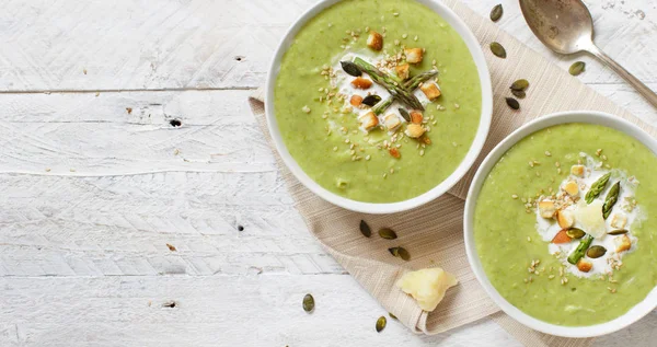 Creamy Asparagus Potatoes Soup Puree Wooden Table — Stock Photo, Image