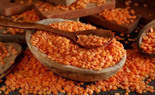 Red Lentils Bowl Spoon Close — Stock Photo, Image