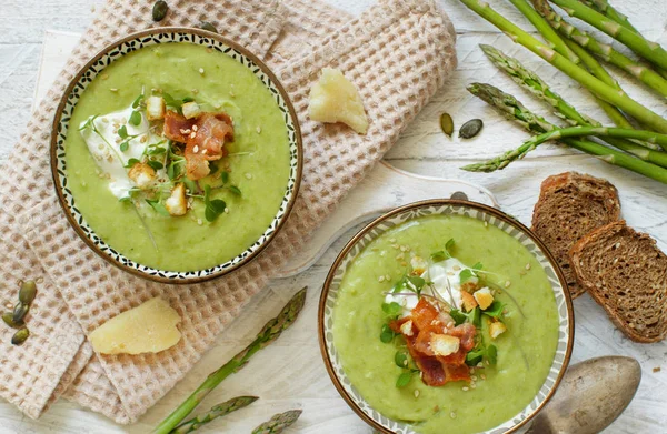 Creamy Asparagus Potatoes Soup Puree Wooden Table — Stock Photo, Image