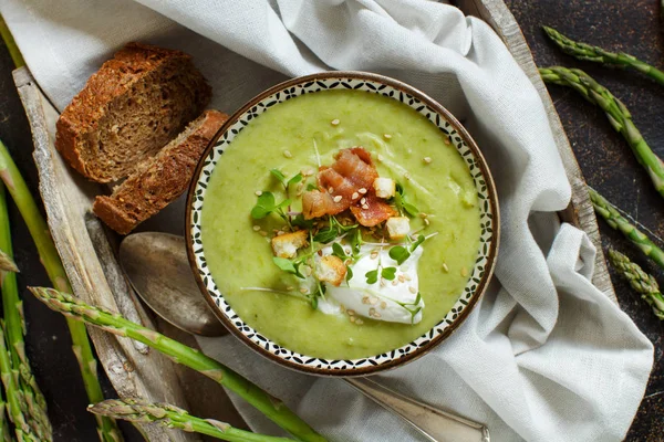 Creamy Asparagus Potatoes Soup Puree Wooden Table — Stock Photo, Image