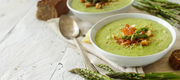 Creamy Asparagus Potatoes Soup Puree Wooden Table — Stock Photo, Image