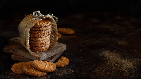 Biscoitos Caseiros Aveia Fechar Fundo Escuro — Fotografia de Stock