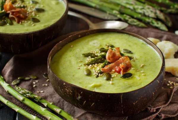 Creamy Asparagus Potatoes Soup Puree Wooden Table — Stock Photo, Image