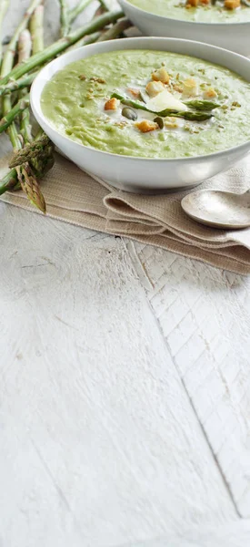 Creamy Asparagus Potatoes Soup Puree Wooden Table — Stock Photo, Image