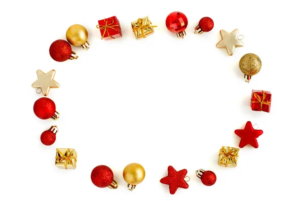 Decoraciones Navidad Rojas Doradas Aisladas Vista Superior Blanca — Foto de Stock