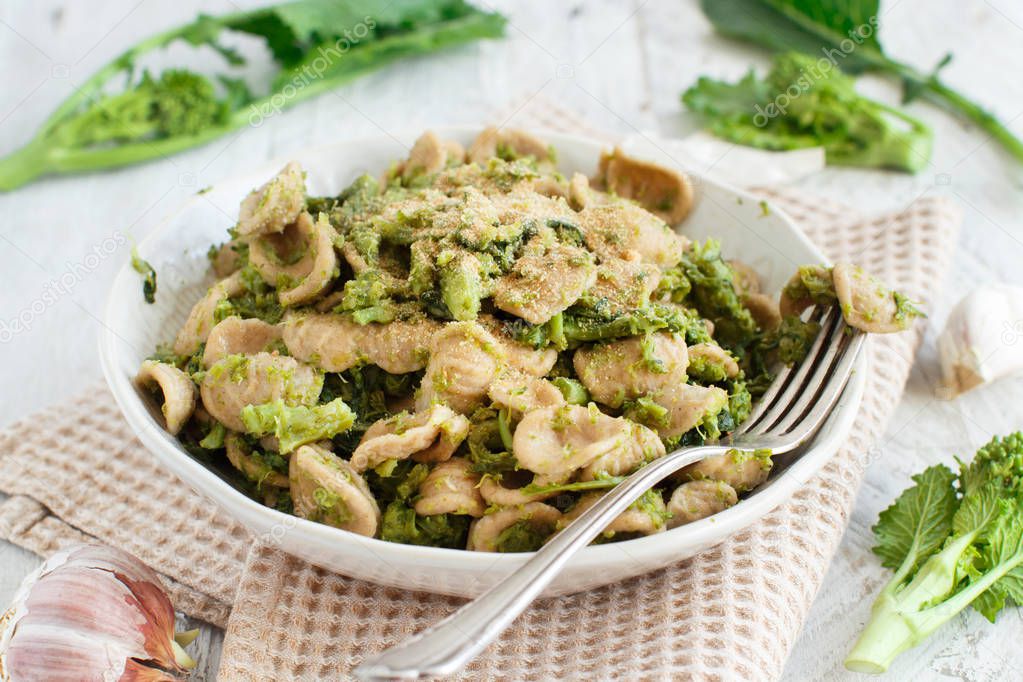 Traditional Apulia region pasta Orecchiette with turnip greens