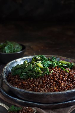Siyah havyar mercimek ve ıspanak yakın yukarı güveç