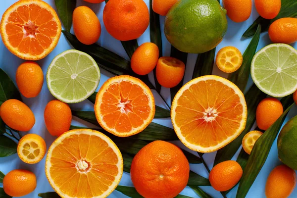 青色の背景の上に柑橘系の果物を見る — ストック写真