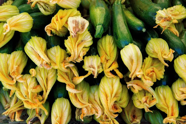 Jovem abobrinha com flores em um mercado de agricultores — Fotografia de Stock