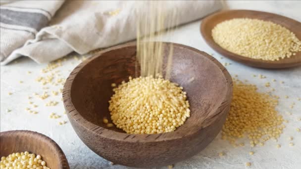 Millet à coque sèche cru dans un bol avec une cuillère — Video