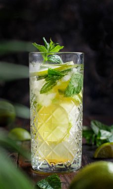 Ev yapımı tazeleyici mojito kokteyli, uzun bardakta, yakın plan.