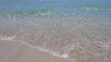 Tropikal sarı kumsalda dalgalar kopuyor.