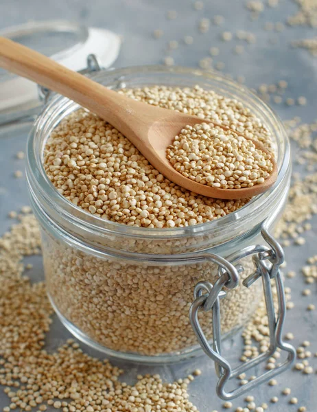 Dry White Quinoa Seeds Glass Jar Grey Table Close — Stock Photo, Image