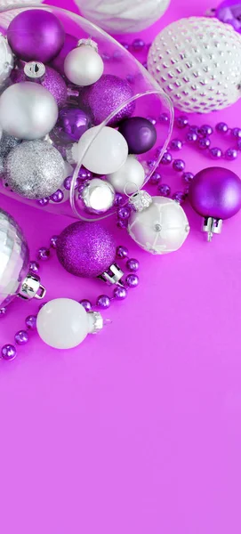 Christmas Baubles Wine Glass Purple Background Close — Stock Photo, Image