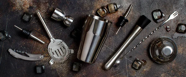 Bartender Tools Cocktail Making Dark Table Top View — Stock Photo, Image