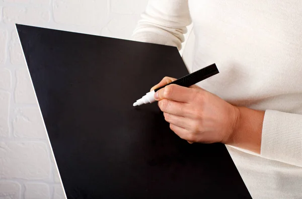 Woman Writing Small Chalkboard Close — Stock Photo, Image