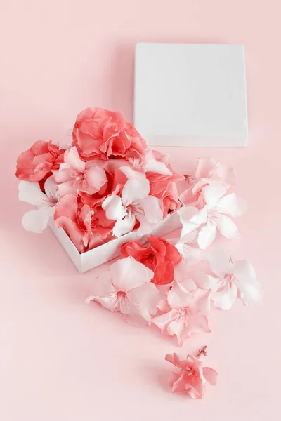 Gift Box Full Flowers Pink Background Close — Stock Photo, Image