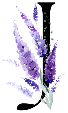 Siyah J harfi mor lavanta çiçekleri ve yapraklarıyla monogram izole edilmiş. Bahar ve yaz için çiçek alfabesi. Romantik bahçe kırtasiyesi ve parti tasarımı.