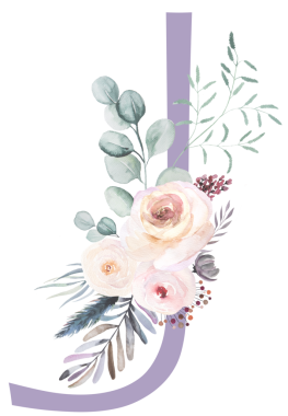 Pastel J harfi, suluboya gül çiçekleri ve ince yapraklar, izole bir illüstrasyon. Açık pembe, lavanta rengi alfabe elementi bebek partisi ya da romantik düğün kırtasiyesi için.