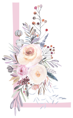 Pastel L harfi, suluboya gül çiçekleri ve ince yapraklar, izole bir illüstrasyon. Açık pembe, lavanta rengi alfabe elementi bebek partisi ya da romantik düğün kırtasiyesi için.