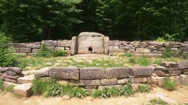 Dolmen ormanın içinde. 4k, ağır çekim. Steadicam atış