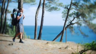 yakışıklı turist adam büyük bir sırt çantası ile bir çam koru ile dik sarp deniz kıyı kenar gitmektedir. deniz manzara muhteşem bir görünüm ile. 4k.