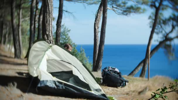 Um turista masculino organiza uma barraca na borda de uma costa costeira íngreme em um bosque de pinheiros com uma vista magnífica da paisagem marinha. 4k . — Vídeo de Stock