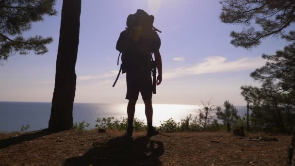 Hombre turista silueta con una gran mochila viaja al borde de una escarpada orilla del mar precipitado con un pinar. con una magnífica vista del paisaje marino. 4k. Movimiento lento — Vídeo de stock