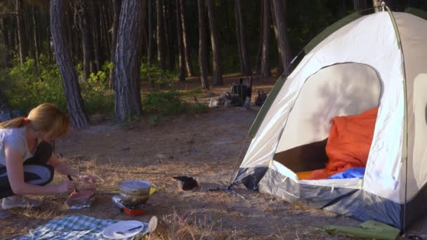 Una familia feliz de turistas, comiendo comida de campamento, junto a una tienda de campaña en el borde de una costa empinada en un pinar con una magnífica vista del paisaje marino. 4k . — Vídeos de Stock