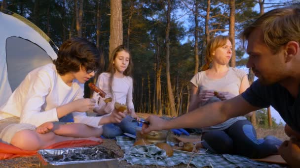 Een gelukkige familie van toeristen, camp eten, naast een tent aan de rand van een steile kustlijn in een pijnbomenbos met een prachtig uitzicht op het Zeegezicht. 4k. — Stockvideo