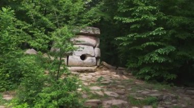 Dolmen ormanın içinde. 4k, ağır çekim. Steadicam atış