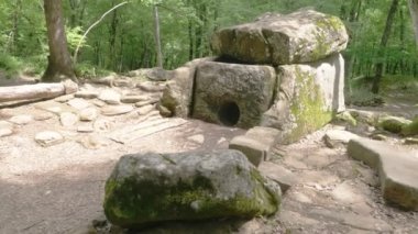Dolmen ormanın içinde. 4k, ağır çekim. Steadicam atış